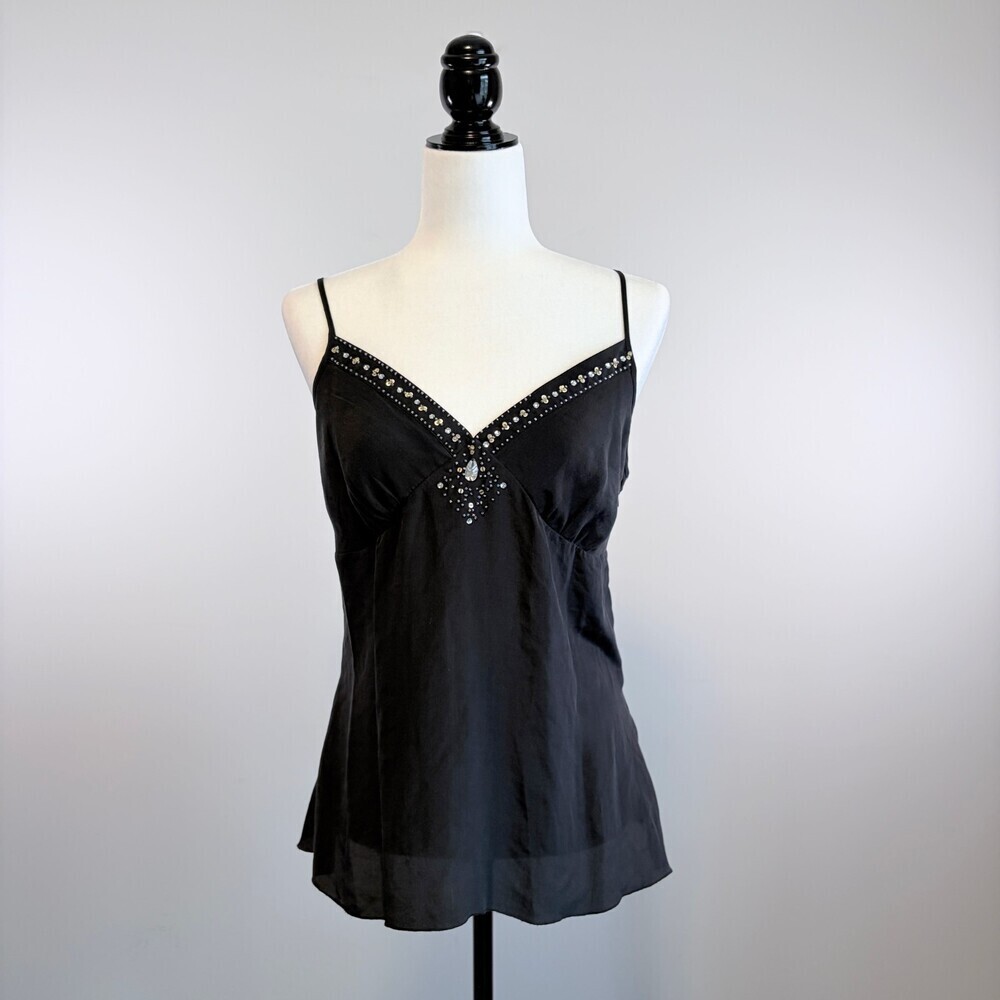 Y2K Going Out Top 100% Silk Baby Doll Sequin Long Length Black Size Large